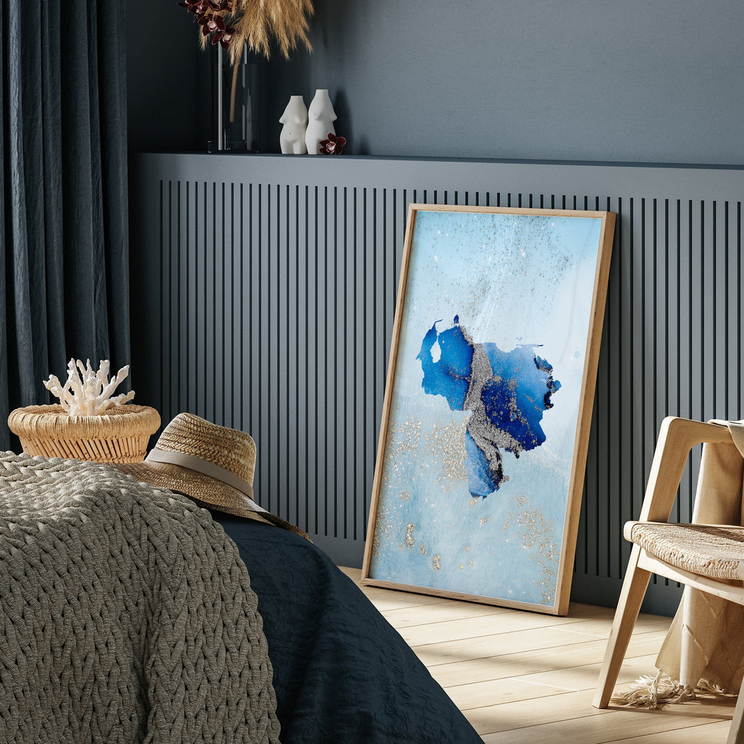 Venezuela Map Shades of Blue & Silver Wall Art Print