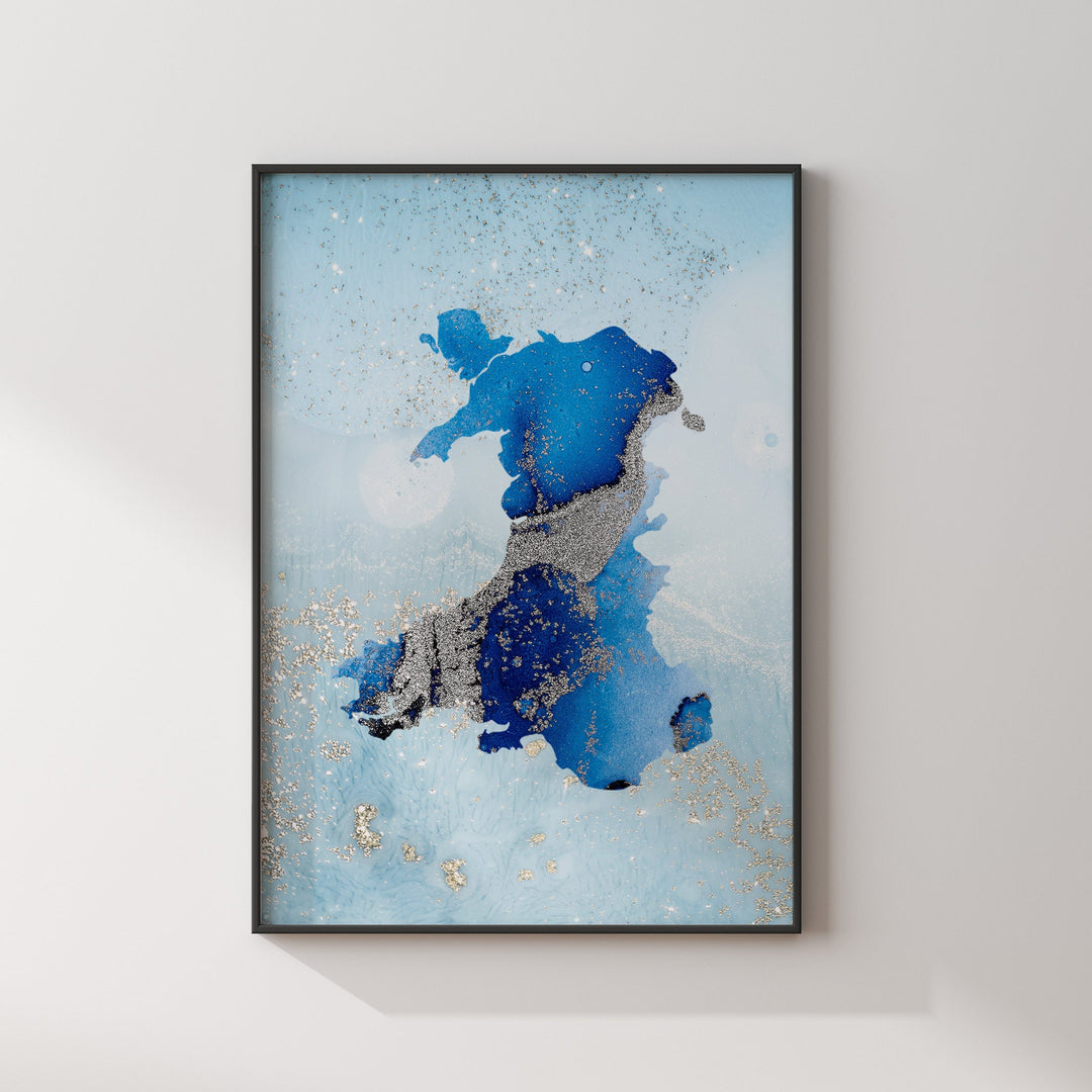 Wales Map Shades of Blue & Silver Wall Art Print