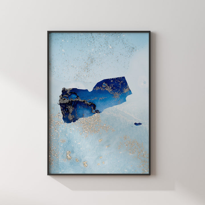 Yemen Map Shades of Blue & Silver Wall Art Print