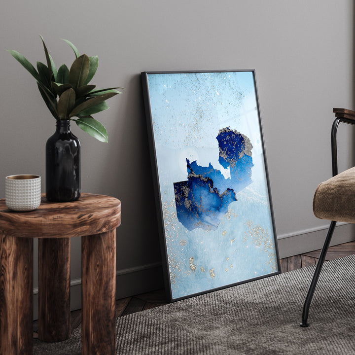 Zambia Map Shades of Blue & Silver Wall Art Print