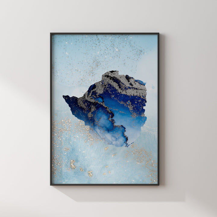 Zimbabwe Map Shades of Blue & Silver Wall Art Print