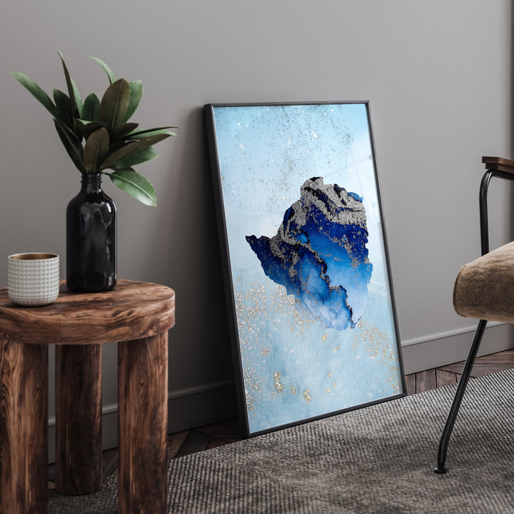 Zimbabwe Map Shades of Blue & Silver Wall Art Print