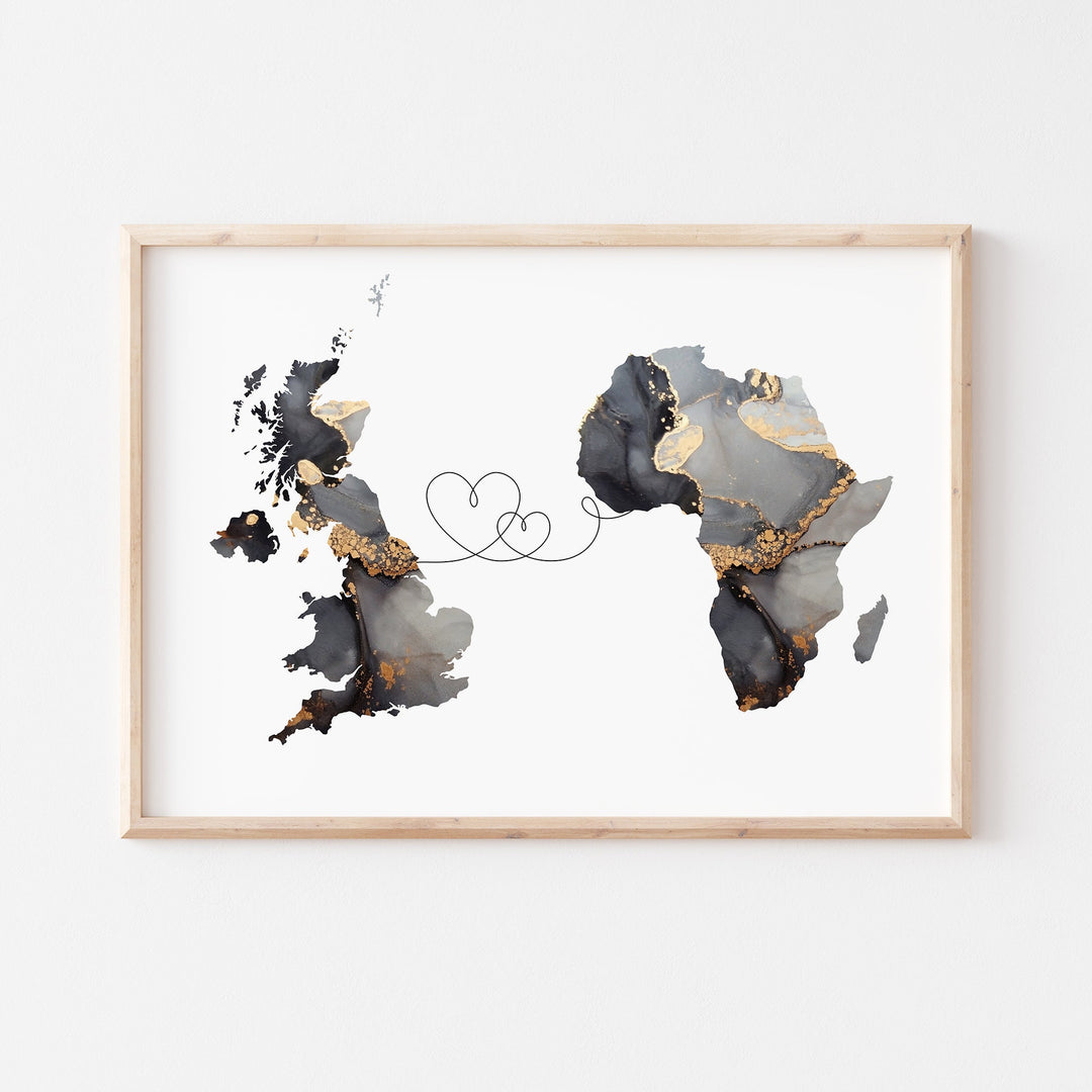 Britain and Africa Map Black & Gold Travel Wall Art Print | United Kingdom | UK