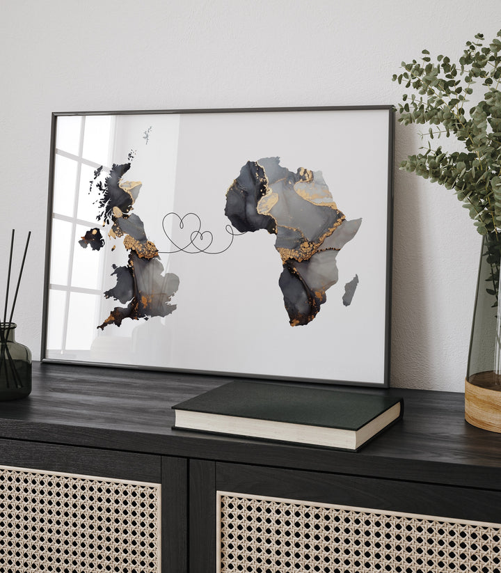 Britain and Africa Map Black & Gold Travel Wall Art Print | United Kingdom | UK