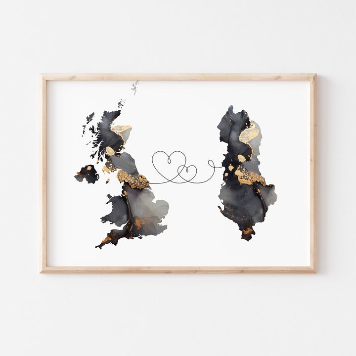 Britain and Albania Map Black & Gold Travel Wall Art Print | United Kingdom | UK