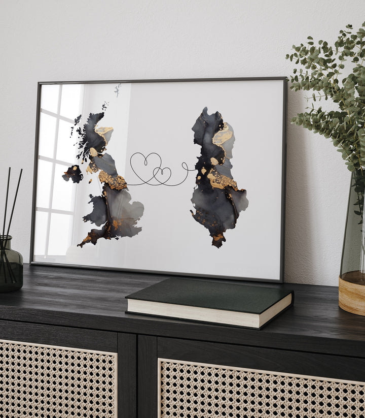 Britain and Albania Map Black & Gold Travel Wall Art Print | United Kingdom | UK