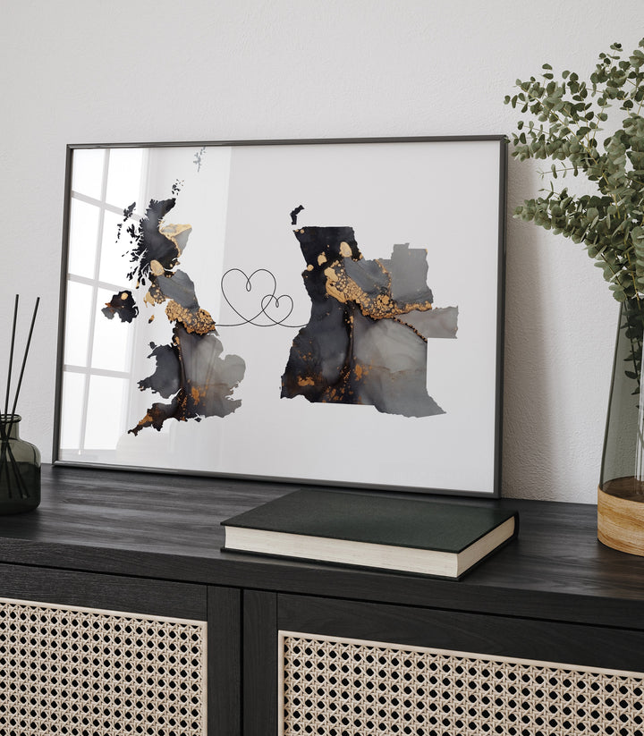 Britain and Angola Map Black & Gold Travel Wall Art Print | United Kingdom | UK