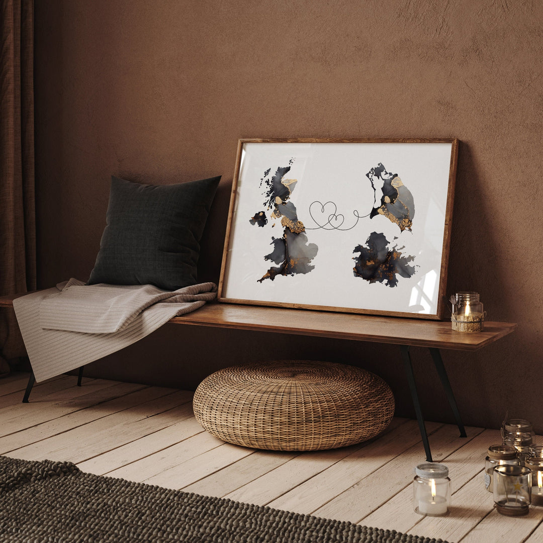 Britain and Antigua and Barbuda Map Black & Gold Travel Wall Art Print | United Kingdom | UK