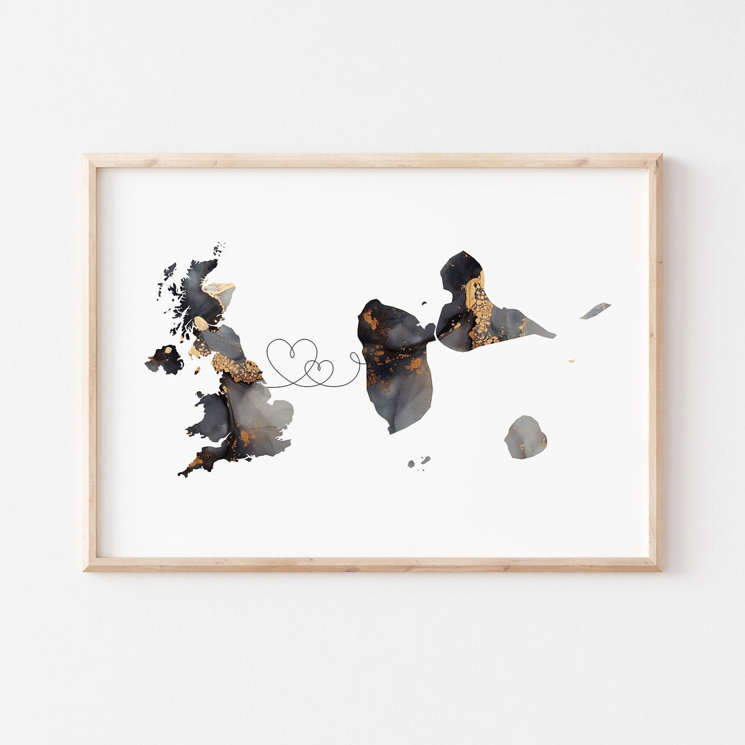 Britain and Guadeloupe Map Black & Gold Travel Wall Art Print | United Kingdom | UK