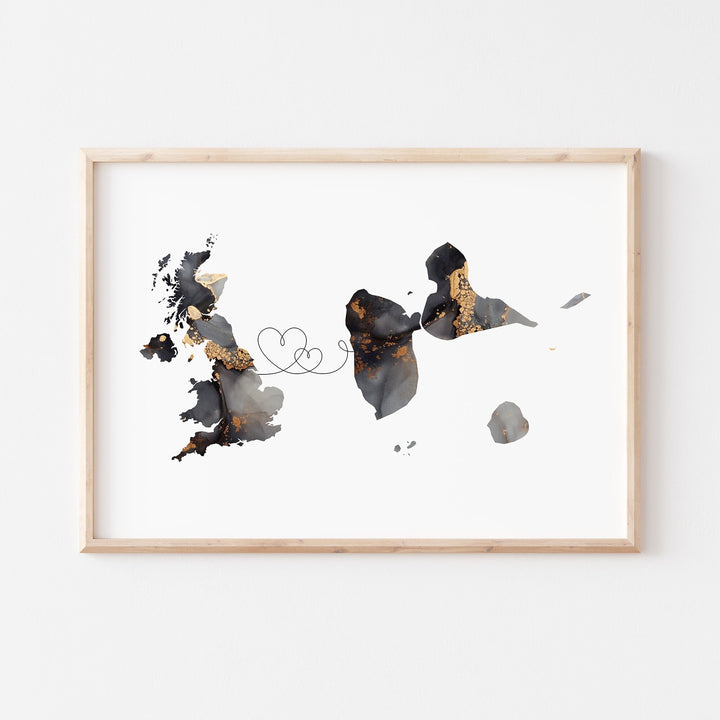 Britain and Guadeloupe Map Black & Gold Travel Wall Art Print | United Kingdom | UK