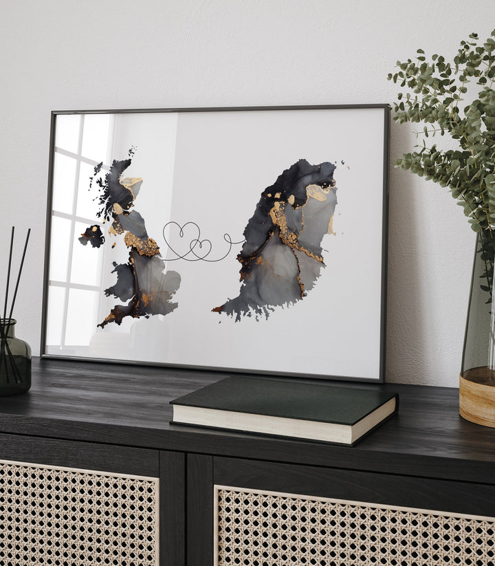Britain and Grenada Map Black & Gold Travel Wall Art Print | United Kingdom | UK