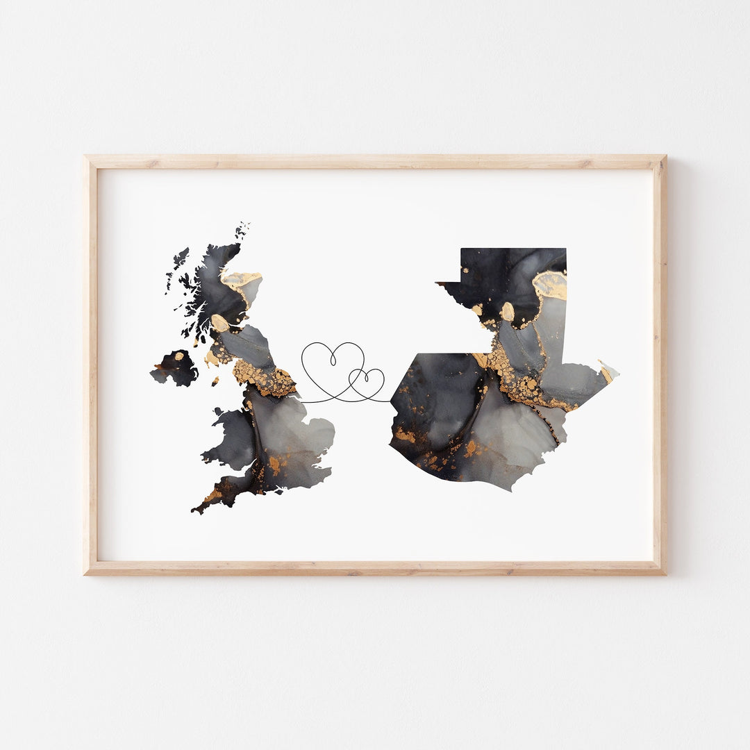 Britain and Guatemala Map Black & Gold Travel Wall Art Print | United Kingdom | UK