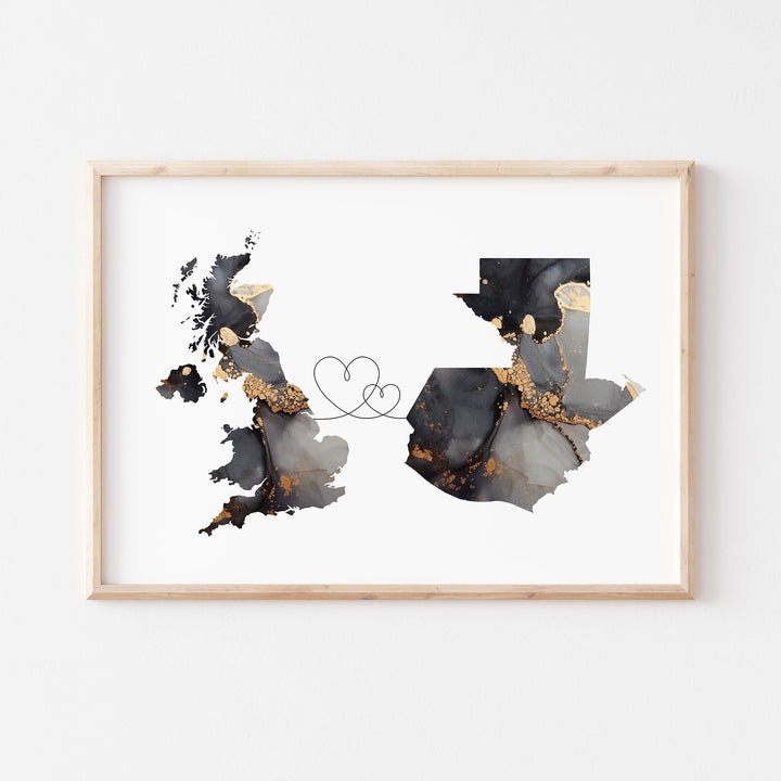 Britain and Guatemala Map Black & Gold Travel Wall Art Print | United Kingdom | UK