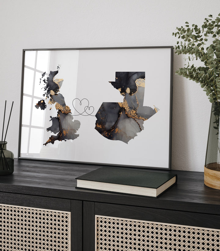 Britain and Guatemala Map Black & Gold Travel Wall Art Print | United Kingdom | UK