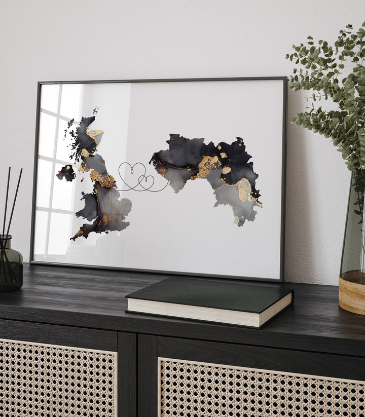 Britain and Guinea Map Black & Gold Travel Wall Art Print | United Kingdom | UK