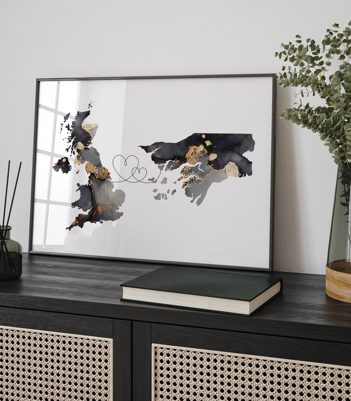 Britain and Guinea-Bissau Map Black & Gold Travel Wall Art Print | United Kingdom | UK