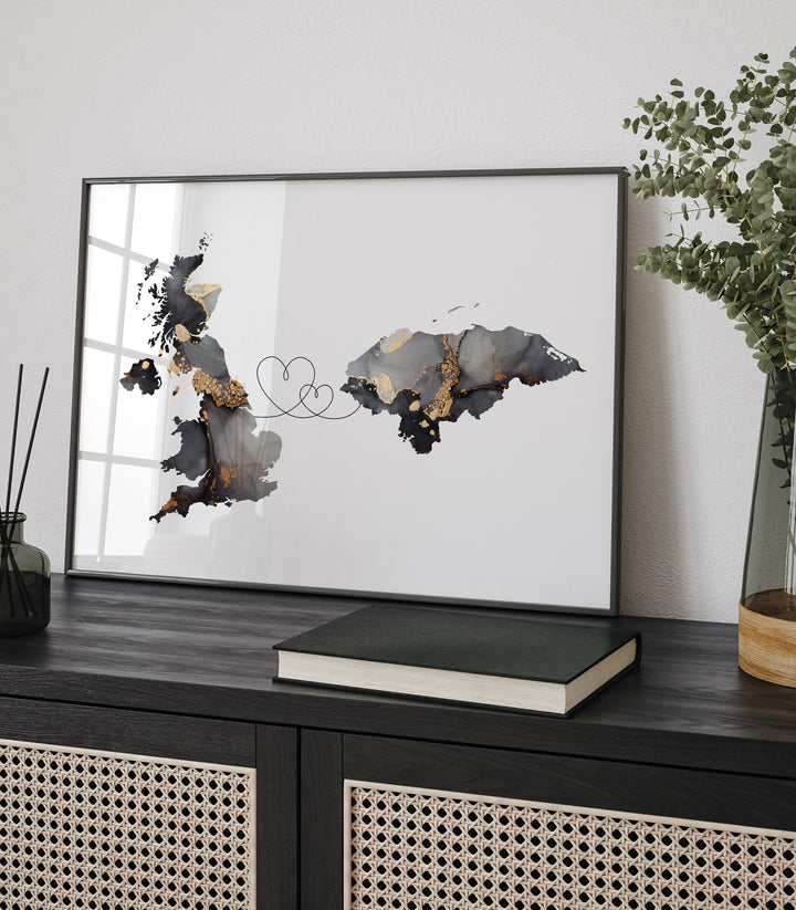 Britain and Honduras Map Black & Gold Travel Wall Art Print | United Kingdom | UK