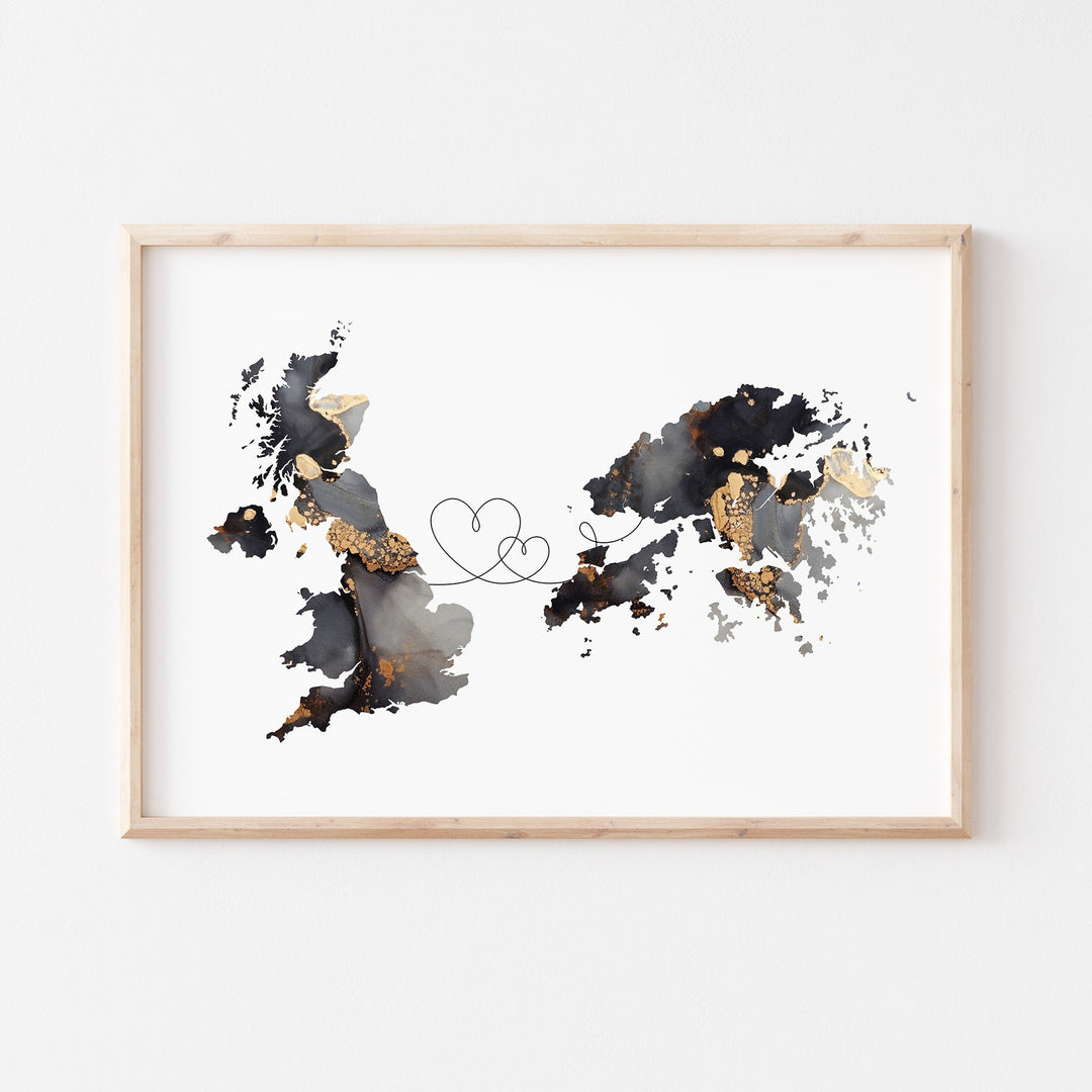 Britain and Hong Kong Map Black & Gold Travel Wall Art Print | United Kingdom | UK