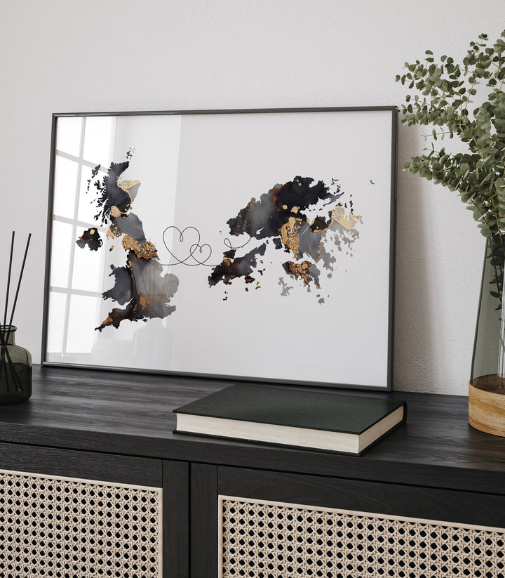 Britain and Hong Kong Map Black & Gold Travel Wall Art Print | United Kingdom | UK