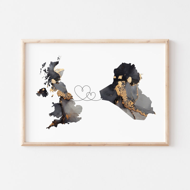 Britain and Iraq Map Black & Gold Travel Wall Art Print | United Kingdom | UK