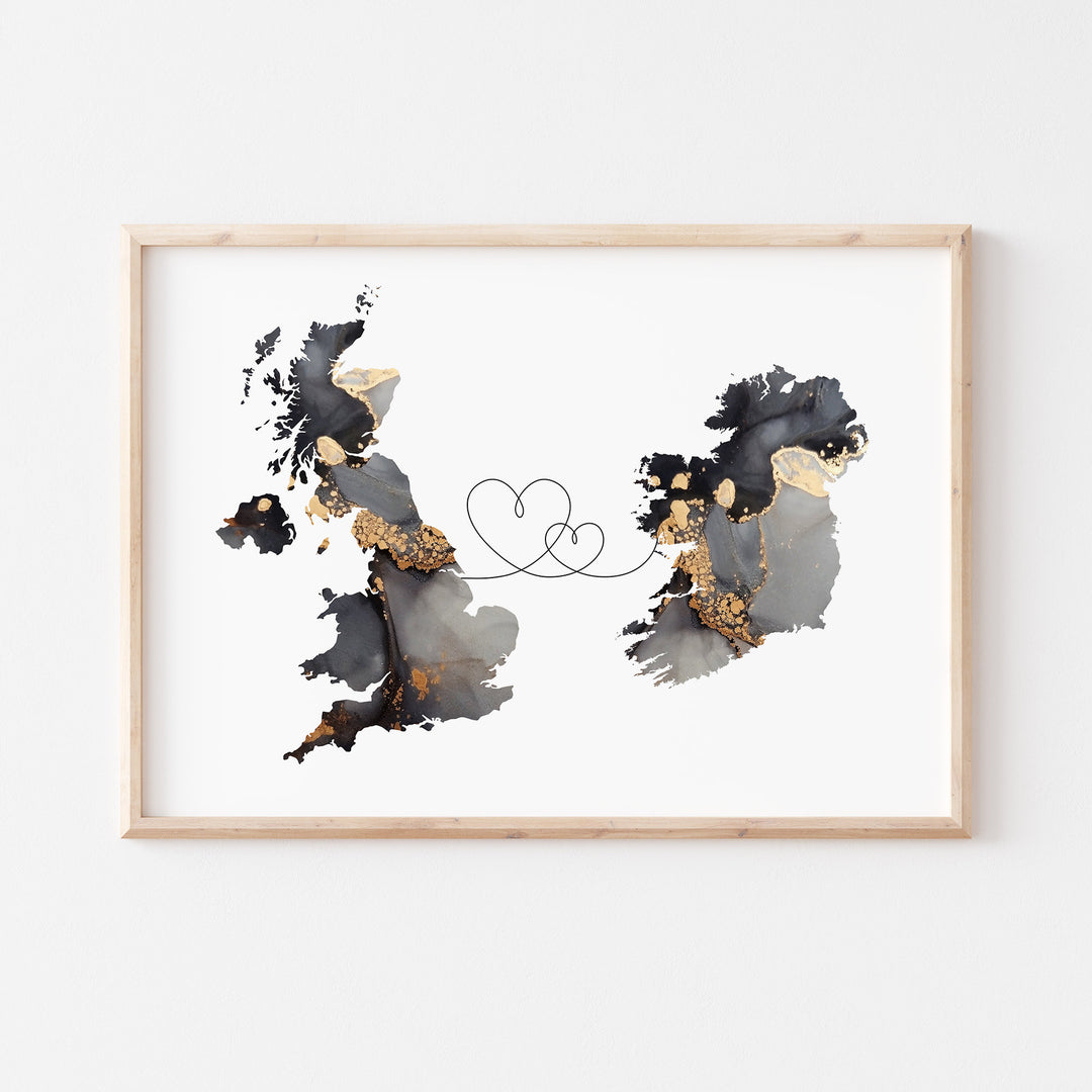 Britain and Ireland Map Black & Gold Travel Wall Art Print | United Kingdom | UK