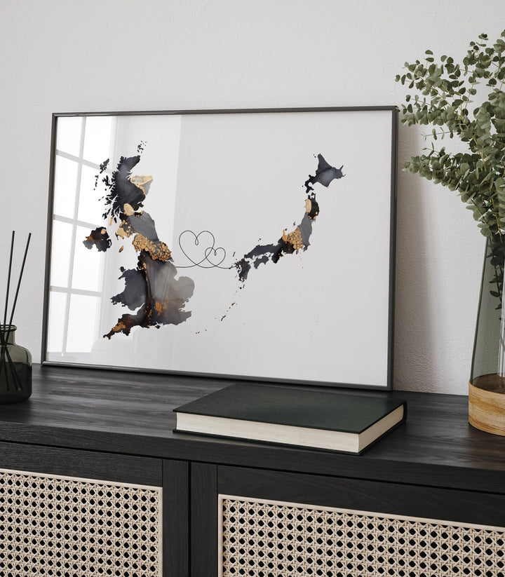 Britain and Japan Map Black & Gold Travel Wall Art Print | United Kingdom | UK