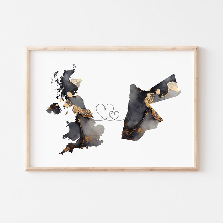 Britain and Jordan Map Black & Gold Travel Wall Art Print | United Kingdom | UK