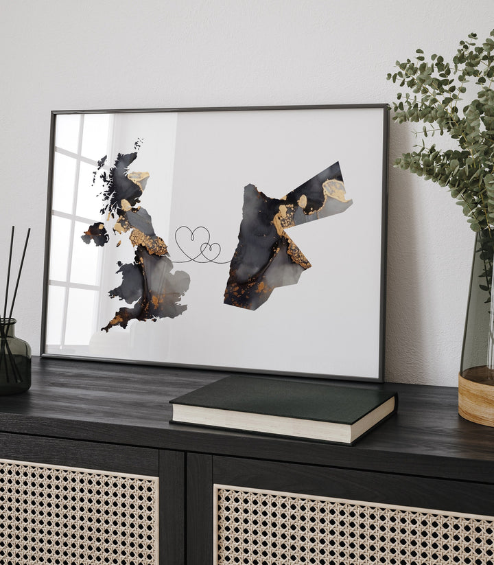 Britain and Jordan Map Black & Gold Travel Wall Art Print | United Kingdom | UK