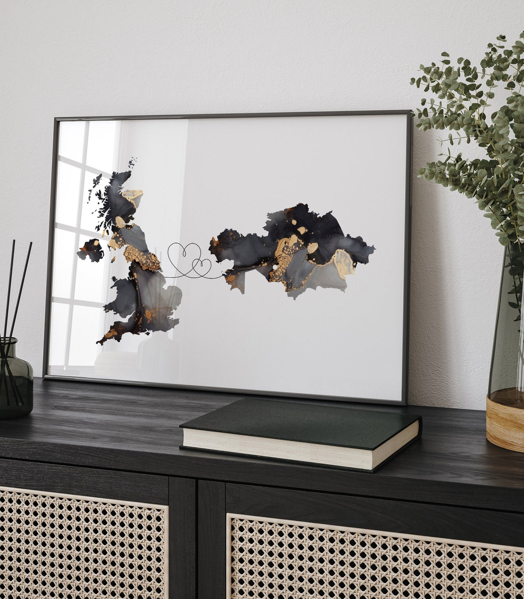 Britain and Kazakhstan Map Black & Gold Travel Wall Art Print | United Kingdom | UK