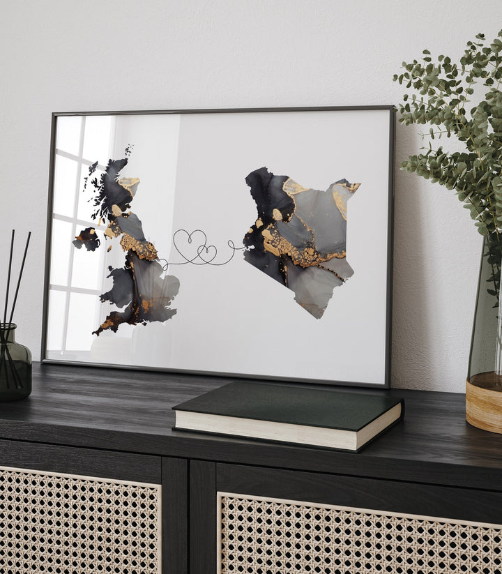 Britain and Kenya Map Black & Gold Travel Wall Art Print | United Kingdom | UK