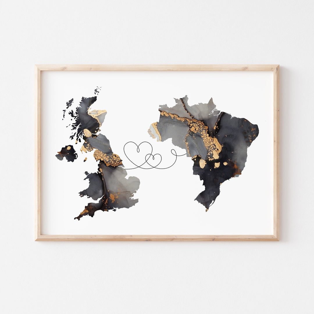 Britain and Brazil Map Black & Gold Travel Wall Art Print | United Kingdom | UK