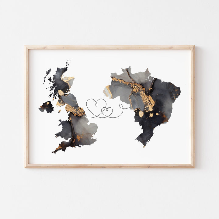Britain and Brazil Map Black & Gold Travel Wall Art Print | United Kingdom | UK