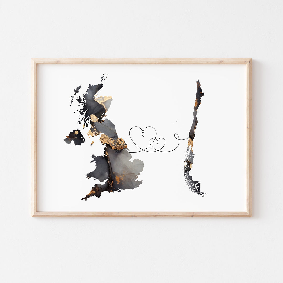 Britain and Chile Map Black & Gold Travel Wall Art Print | United Kingdom | UK