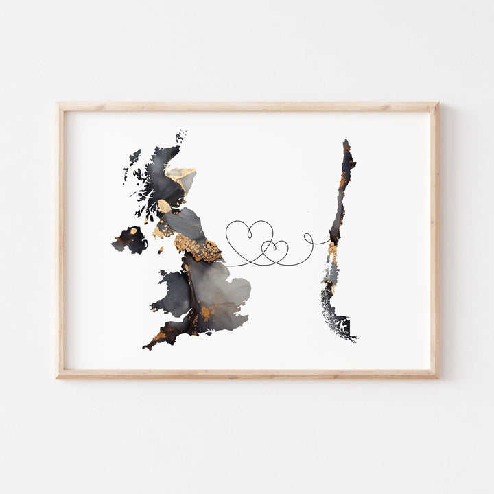 Britain and Chile Map Black & Gold Travel Wall Art Print | United Kingdom | UK