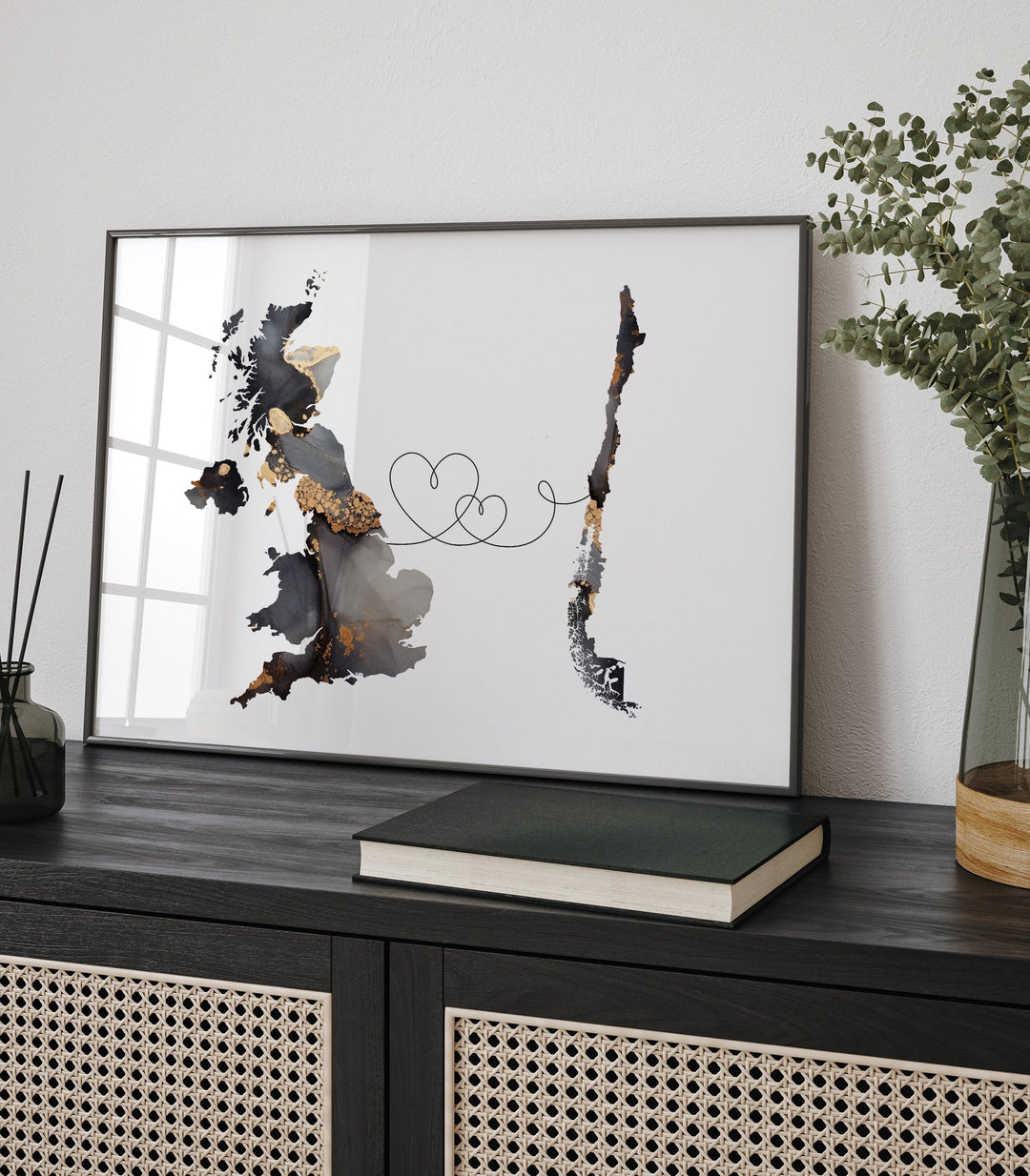 Britain and Chile Map Black & Gold Travel Wall Art Print | United Kingdom | UK
