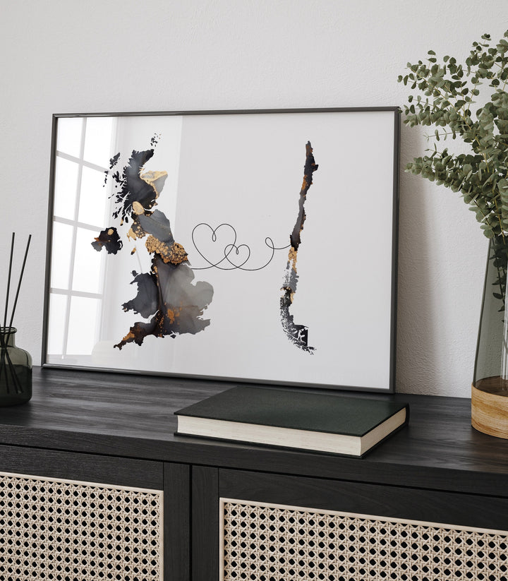 Britain and Chile Map Black & Gold Travel Wall Art Print | United Kingdom | UK
