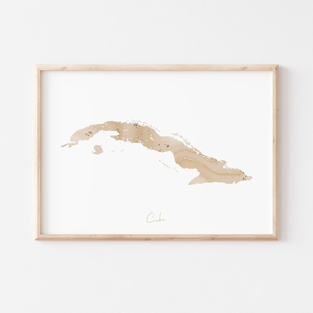 Cuba Map Beige & Gold Wall Art Print