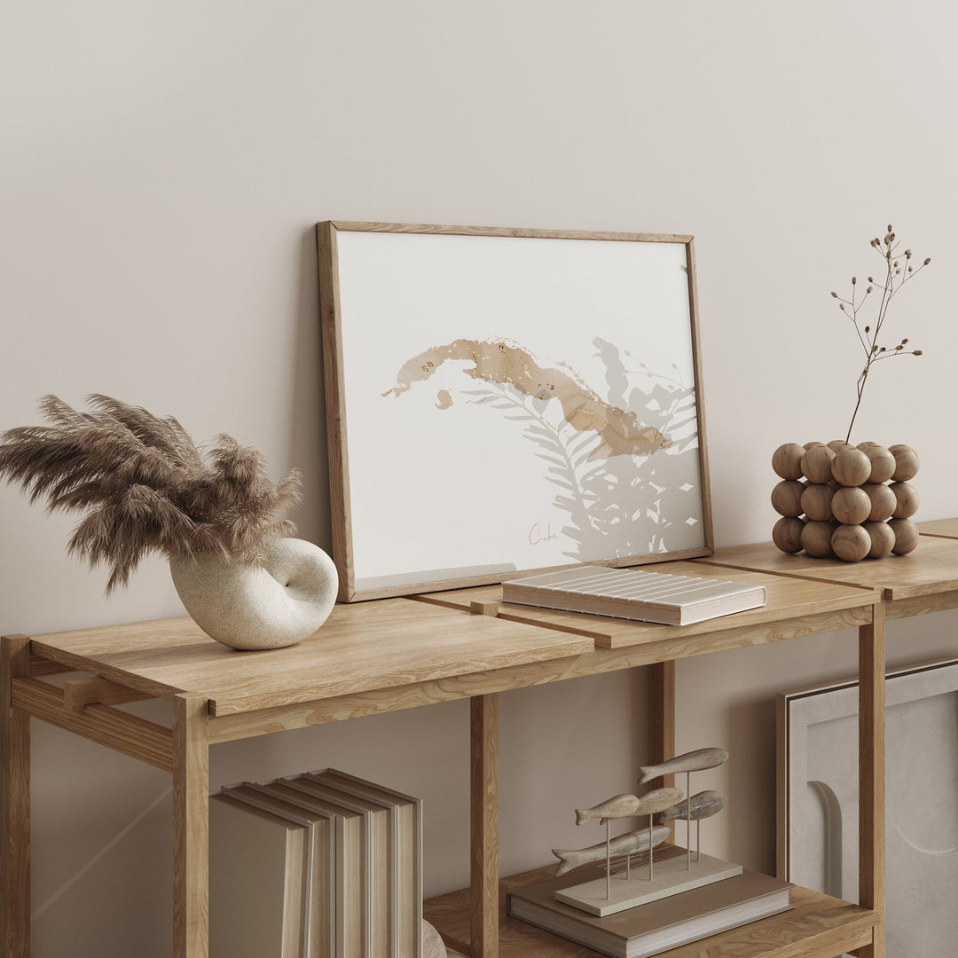 Cuba Map Beige & Gold Wall Art Print