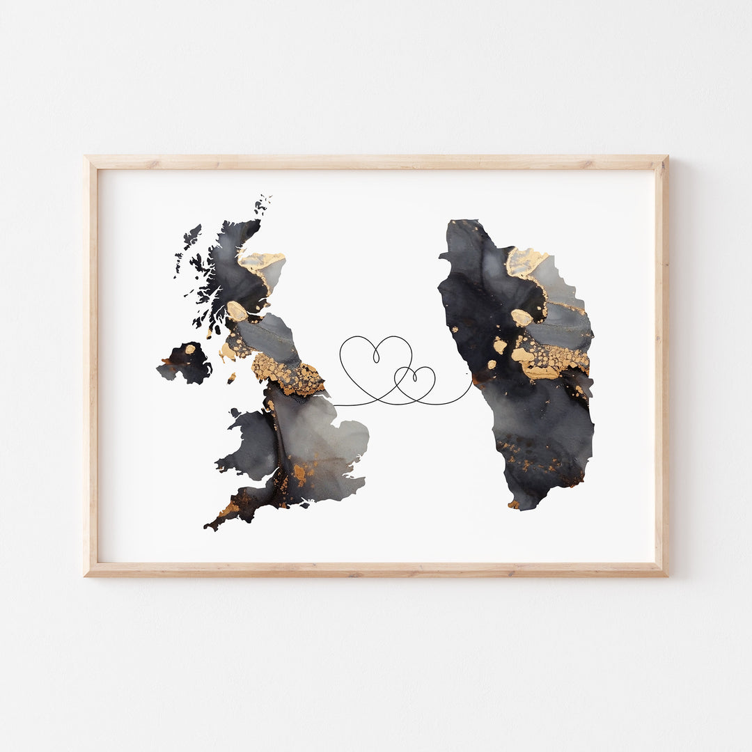 Britain and Dominica Map Black & Gold Travel Wall Art Print | United Kingdom | UK