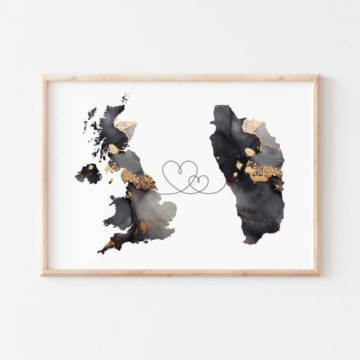 Britain and Dominica Map Black & Gold Travel Wall Art Print | United Kingdom | UK