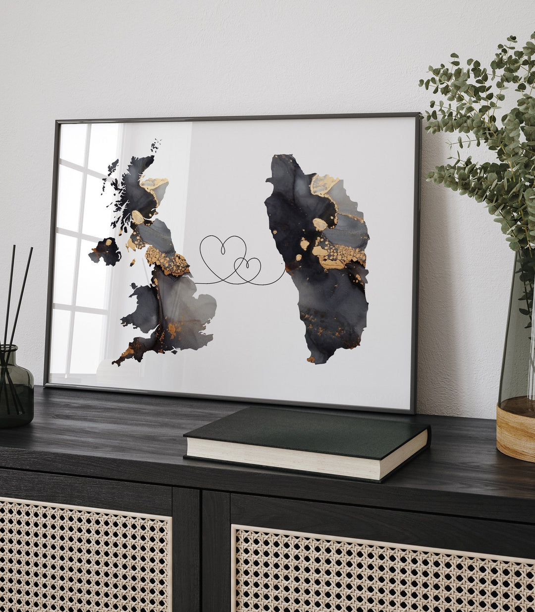 Britain and Dominica Map Black & Gold Travel Wall Art Print | United Kingdom | UK