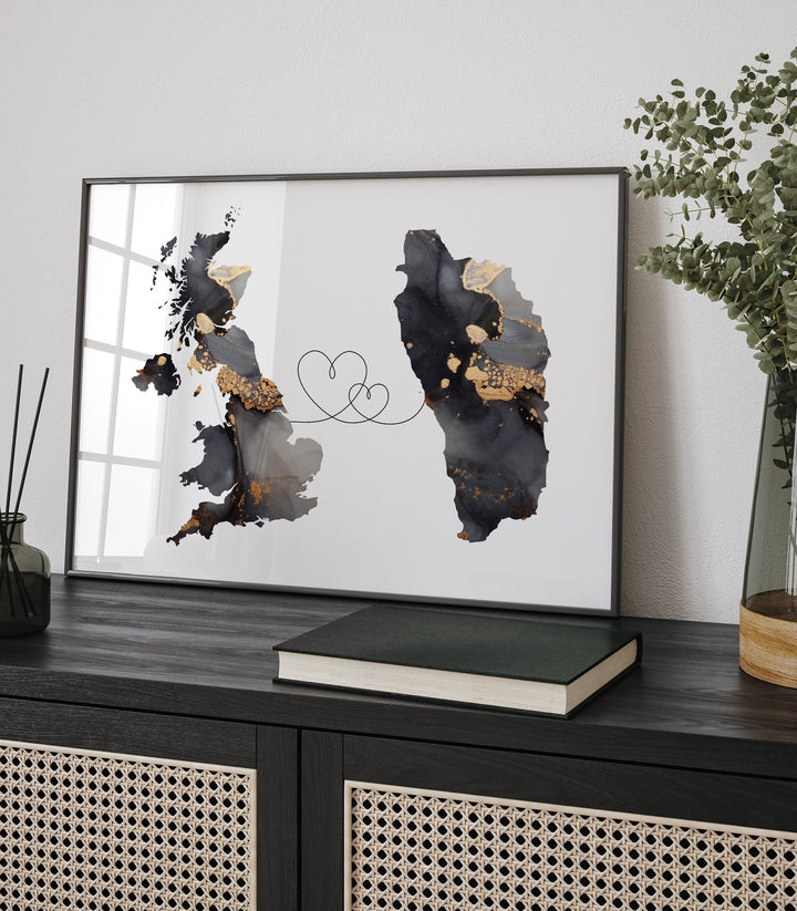 Britain and Dominica Map Black & Gold Travel Wall Art Print | United Kingdom | UK