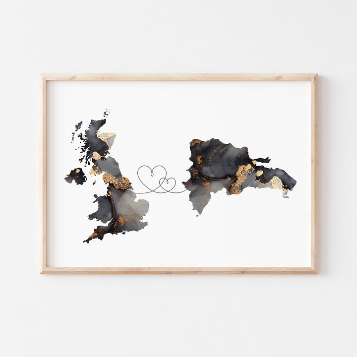 Britain and Dominican Republic Map Black & Gold Travel Wall Art Print | United Kingdom | UK
