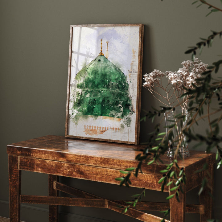 Madinah Masjid Nabwi Islamic Wall Art Print Green Watercolour Green Dome Prophet Muhammad