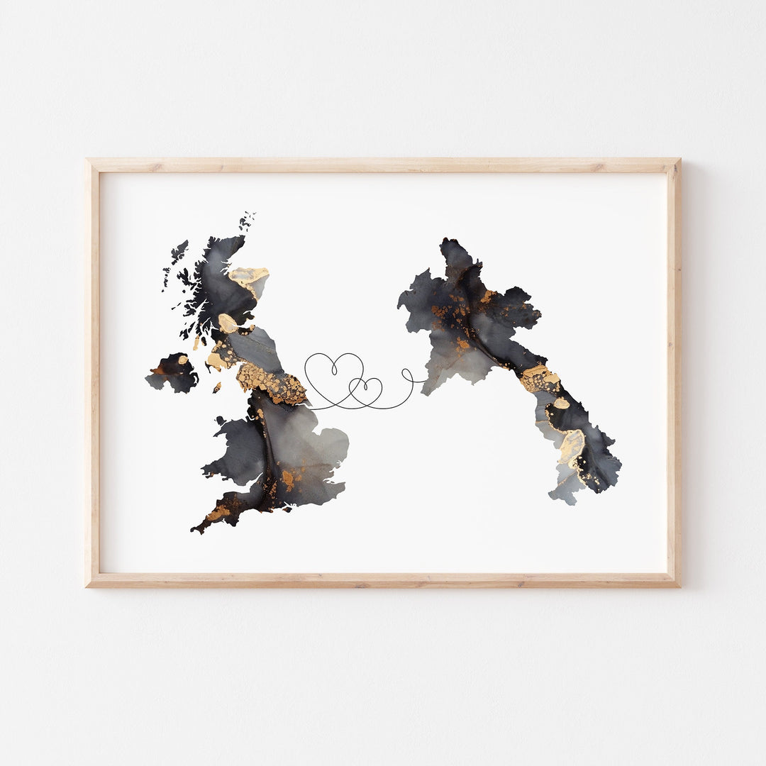 Britain and Laos Map Black & Gold Travel Wall Art Print | United Kingdom | UK