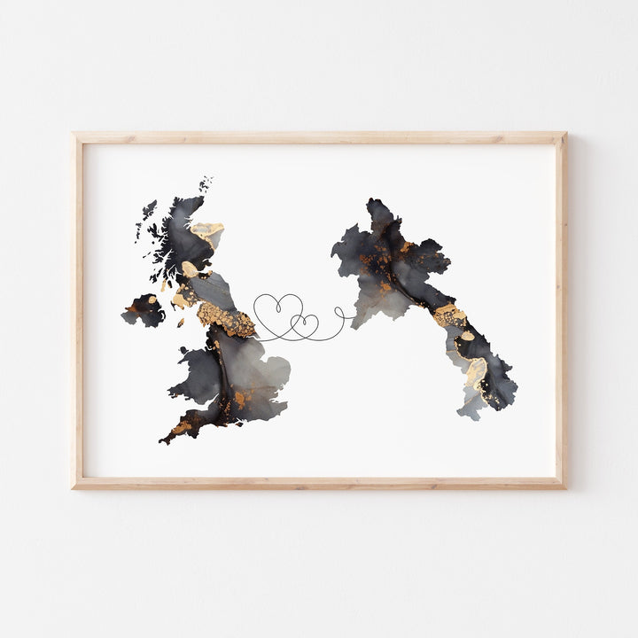 Britain and Laos Map Black & Gold Travel Wall Art Print | United Kingdom | UK