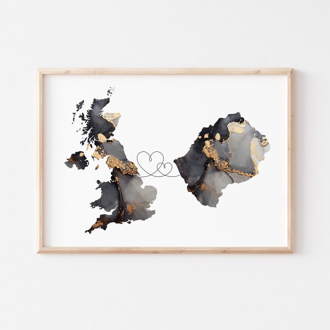 Britain and Lesotho Map Black & Gold Travel Wall Art Print | United Kingdom | UK
