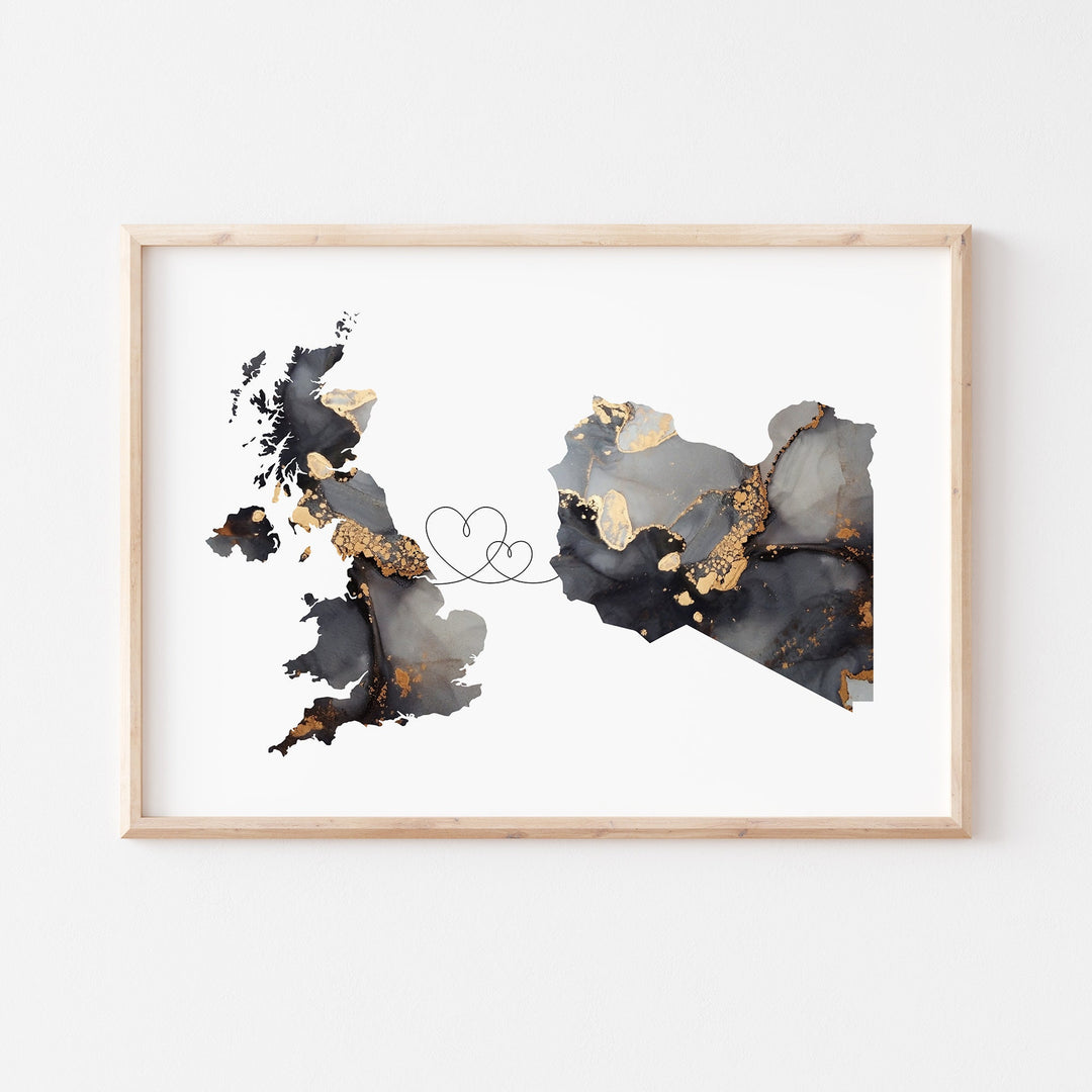 Britain and Libya Map Black & Gold Travel Wall Art Print | United Kingdom | UK