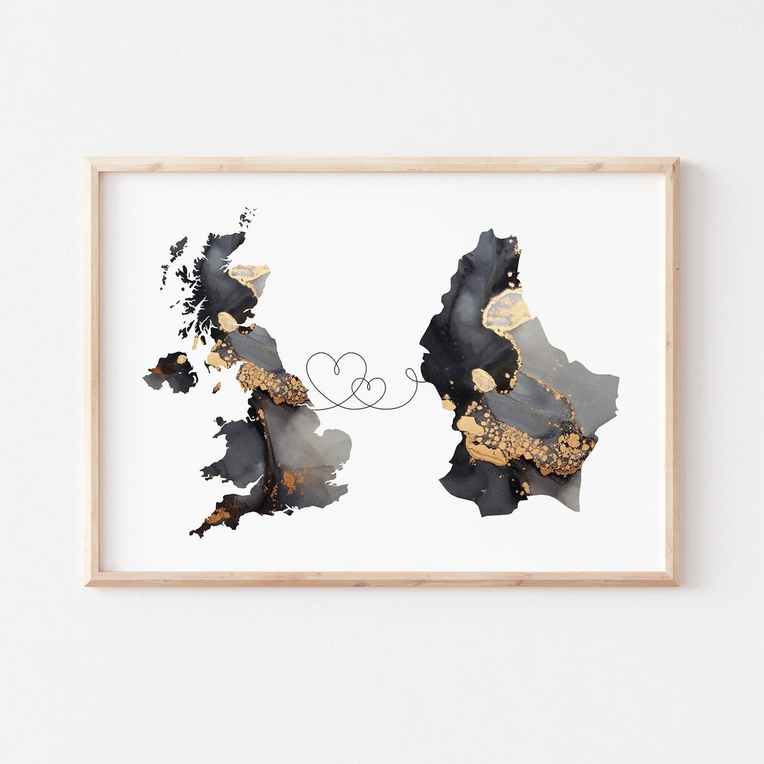Britain and Luxembourg Map Black & Gold Travel Wall Art Print | United Kingdom | UK