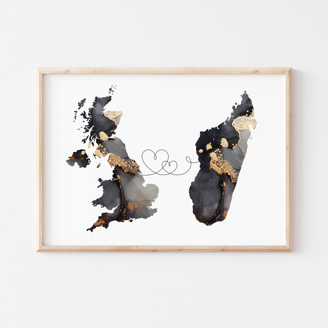 Britain and Madagascar Map Black & Gold Travel Wall Art Print | United Kingdom | UK